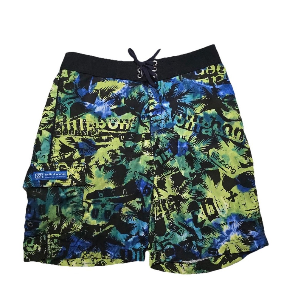 VTG Billabong X USA Board Shorts‎ Men's 33 Green AOP Palm Trees 90s Made In USA